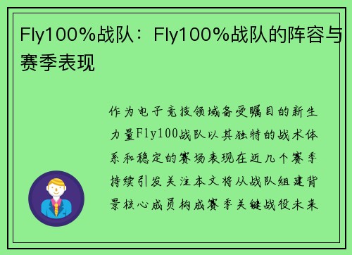 Fly100%战队：Fly100%战队的阵容与赛季表现